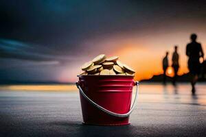 a bucket of gold coins on the beach. AI-Generated photo