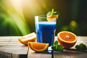 azul jugo en un vaso con naranja rebanadas generado por ai foto