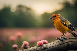 a bird is sitting on a branch in a field. AI-Generated photo