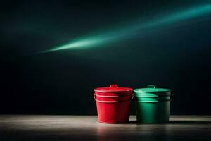 two red and green buckets on a dark table. AI-Generated photo