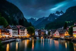 el pueblo de Altenburg en el Alpes a noche. generado por ai foto