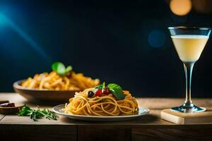spaghetti and a martini on a wooden table. AI-Generated photo