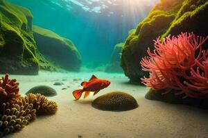 a fish swimming in the ocean with coral and anemones. AI-Generated photo