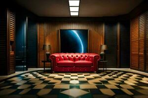 a red couch sits in a room with a black and white checkered floor. AI-Generated photo