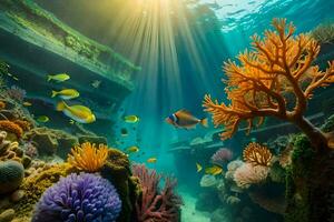 photo wallpaper sea, coral, fish, sun, coral reef, fish, coral reef, fish. AI-Generated