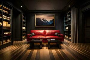 un habitación con un rojo sofá y estantería. generado por ai foto