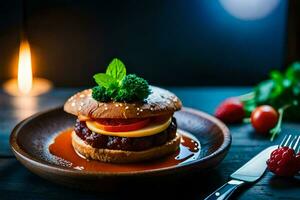 hamburguesa en un plato con un vela y cuchillo. generado por ai foto