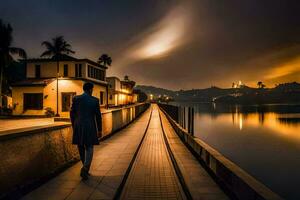 un hombre camina a lo largo un paseo marítimo a noche cerca un lago. generado por ai foto