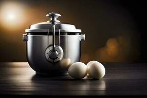 a large stainless steel mixer with two eggs. AI-Generated photo