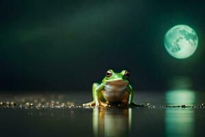 un rana sentado en el suelo en frente de un lleno Luna. generado por ai foto