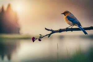 a blue bird sits on a branch near a lake. AI-Generated photo