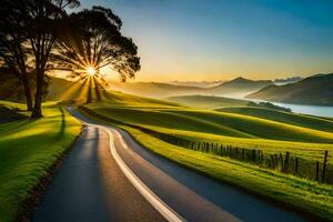 the sun shines on a road in the middle of a green field. AI-Generated photo