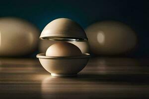 an egg in a bowl on a table. AI-Generated photo