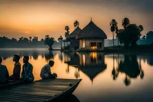 people sitting on a boat in front of a hut at sunrise. AI-Generated photo