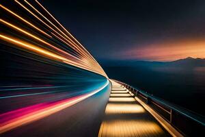 un largo exposición fotografía de un la carretera a noche. generado por ai foto