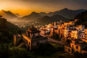 the sun sets over a village in india. AI-Generated photo