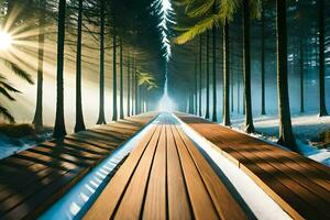 a long wooden path in the middle of a snowy forest. AI-Generated photo
