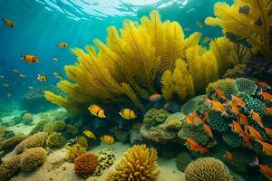an underwater scene with many colorful corals and fish. AI-Generated photo