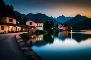 a lake and houses in the mountains at dusk. AI-Generated photo