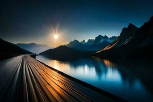 the sun is setting over a mountain range and a train track. AI-Generated photo