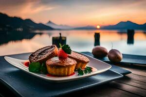 a dessert on a plate with a view of the lake. AI-Generated photo