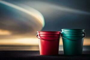 two red and green buckets sitting on a table. AI-Generated photo