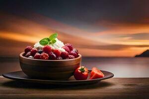 the bowl of berries and cream is on a wooden table with a sunset in the background. AI-Generated photo