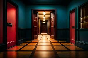 un pasillo con rojo y azul luces y un puerta. generado por ai foto