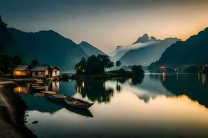 a boat sits on the shore of a lake at sunset. AI-Generated photo