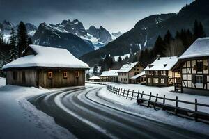 a snowy road in front of a mountain village. AI-Generated photo