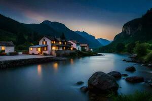 photo wallpaper the sky, mountains, river, house, the night, the mountains, the river. AI-Generated