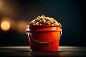 a bucket filled with peanuts on a dark table. AI-Generated photo