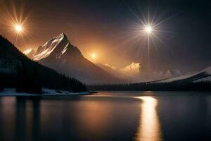 the moon is reflected in the water as it shines over mountains. AI-Generated photo