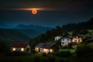 un lleno Luna sube terminado un pueblo en el montañas. generado por ai foto