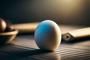 an egg sitting on a table with a wooden bowl. AI-Generated photo