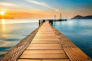 un de madera muelle estiramientos fuera dentro el Oceano a puesta de sol. generado por ai foto