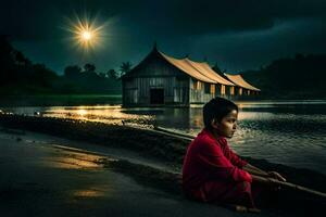 a boy sitting on the shore of a river with a boat in the background. AI-Generated photo