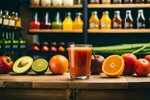 a glass of juice sits on a table with various fruits and vegetables. AI-Generated photo