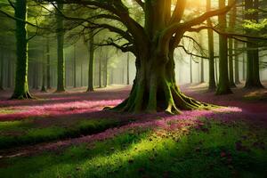 un hermosa árbol en el medio de un bosque. generado por ai foto