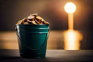 a bucket filled with coins on a table. AI-Generated photo