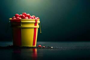 a bucket filled with cherries on a dark background. AI-Generated photo