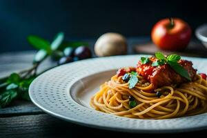 spaghetti with meat and tomatoes on a plate. AI-Generated photo