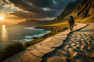 un persona caminando a lo largo el costa a puesta de sol. generado por ai foto