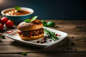 a hamburger with tomato sauce and herbs on a plate. AI-Generated photo