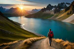 un hombre camina a lo largo un camino en el montañas. generado por ai foto