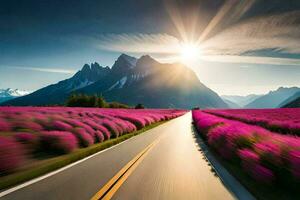 the sun shines over a road in front of mountains. AI-Generated photo
