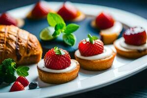 a plate with pastries and strawberries on it. AI-Generated photo