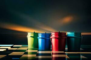 three colorful buckets on a checkered floor. AI-Generated photo