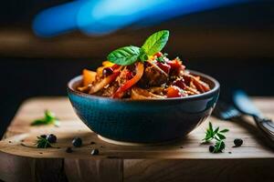 a bowl of pasta with vegetables and herbs on a wooden table. AI-Generated photo