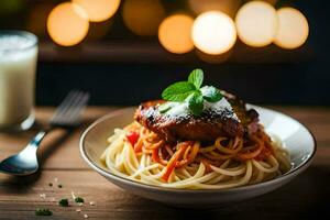spaghetti with meat and sauce on a plate. AI-Generated photo